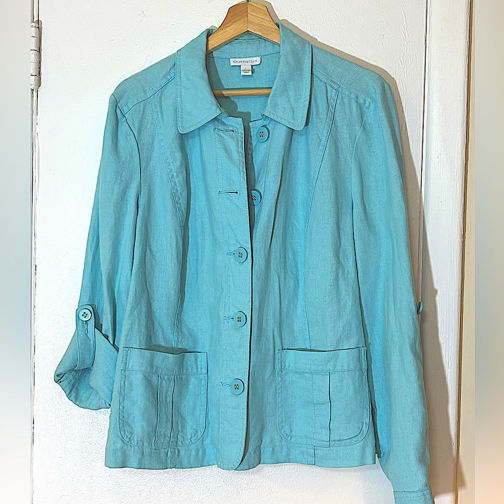 Charter Club Linen Jacket In Light Blue. Roll Up Sleeves ,  Size Large